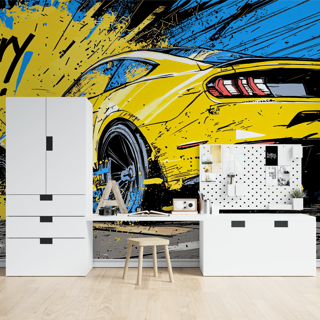 Sports car wall mural in urban style home office with modern furniture