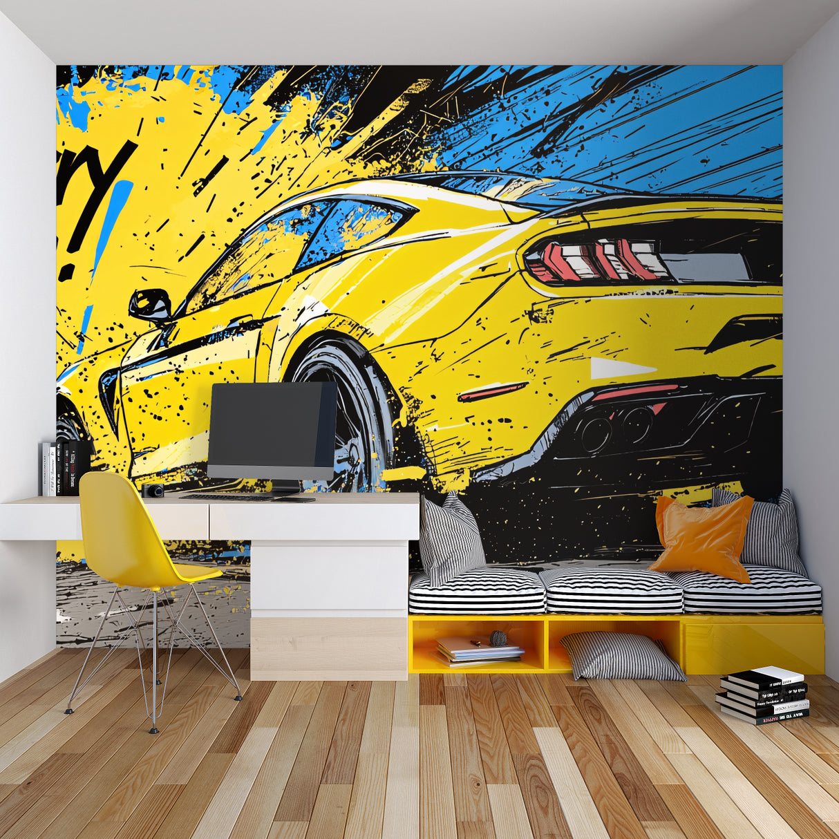 Graffiti car wallpaper in man cave entertainment space showing full wall impact