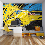 Graffiti car wallpaper in man cave entertainment space showing full wall impact