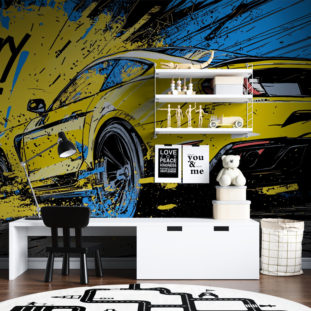 Street art mural in contemporary living room with yellow sports car focus