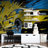 Street art mural in contemporary living room with yellow sports car focus