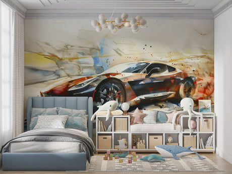 Sports car wallpaper bringing modern flair to a stylish home office with dramatic lighting