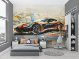 Sports car wallpaper transforming minimalist game room with bold style