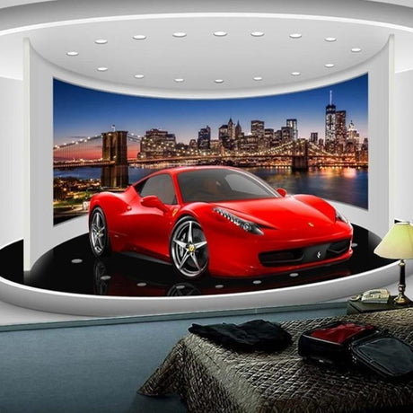 Sports car wallpaper design file showing red Ferrari against NYC skyline with Brooklyn Bridge and illuminated skyscrapers at dusk