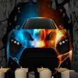 Sports car wallpaper in modern gaming room showing dramatic fire and ice effects, perfect for teen spaces