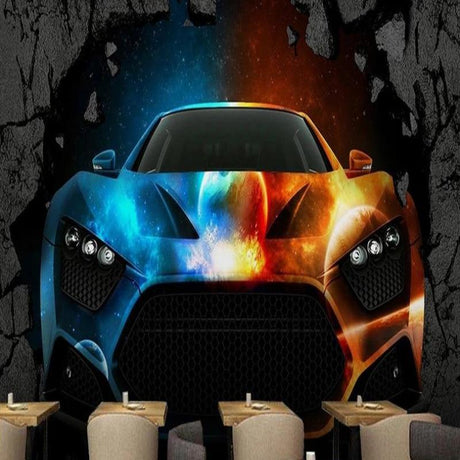 Sports car wallpaper in modern gaming room showing dramatic fire and ice effects, perfect for teen spaces