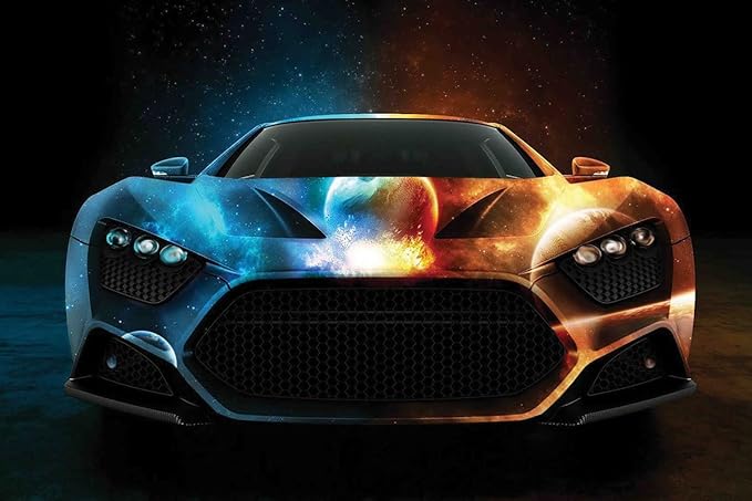 Sports car wallpaper design file showing detailed cosmic pattern with fire and ice elements