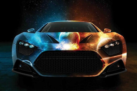Sports car wallpaper design file showing detailed cosmic pattern with fire and ice elements