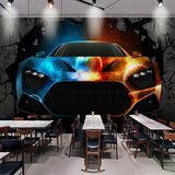 Sports car wallpaper displayed in modern garage showing fire and ice design effect