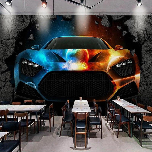 Sports car wallpaper displayed in modern garage showing fire and ice design effect