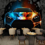 Fire and ice car mural creating dramatic effect in teenage bedroom
