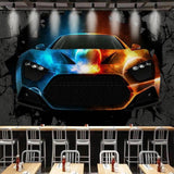 Sports car wall mural making statement in gaming room setup