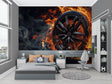 Racing wheel wallpaper bringing speed and style to a modern gaming room with orange and black contrast