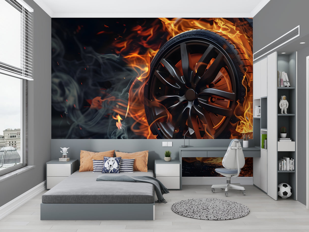 Racing wheel wallpaper bringing speed and style to a modern gaming room with orange and black contrast