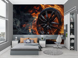 Racing wheel wallpaper bringing speed and style to a modern gaming room with orange and black contrast