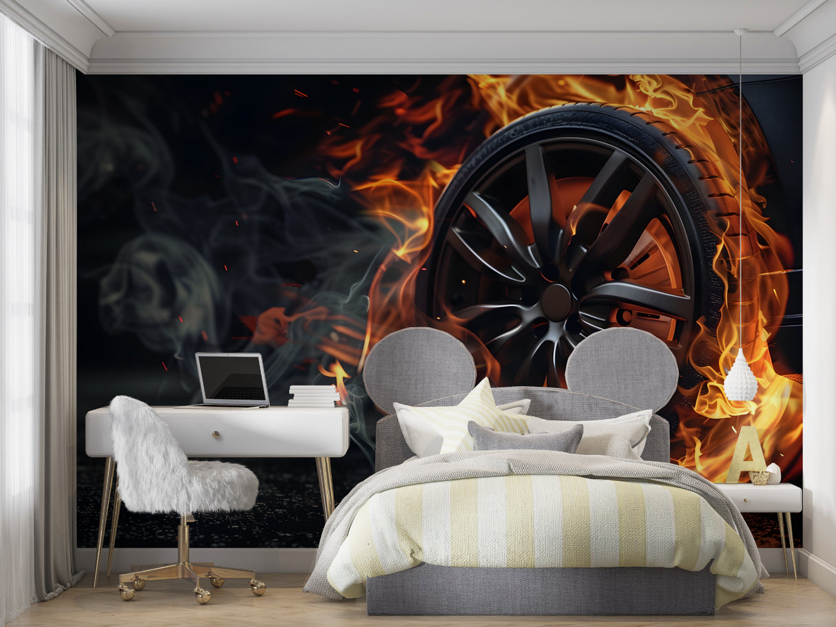 Flaming wheel mural wallpaper installed in a teen bedroom showing dynamic orange flames