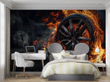 Flaming wheel mural wallpaper installed in a teen bedroom showing dynamic orange flames