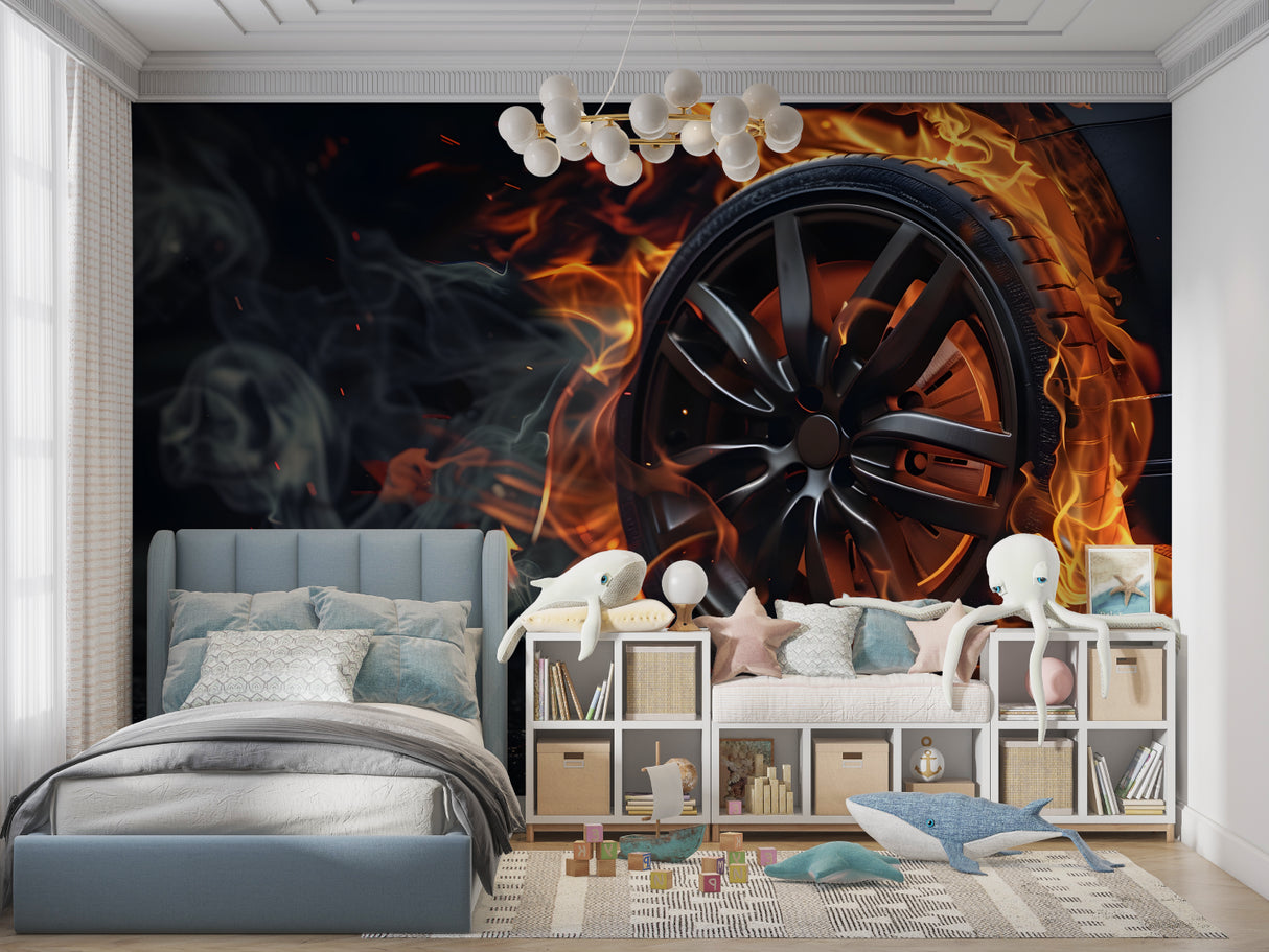 Racing themed wall mural creating bold impact in a man cave setting