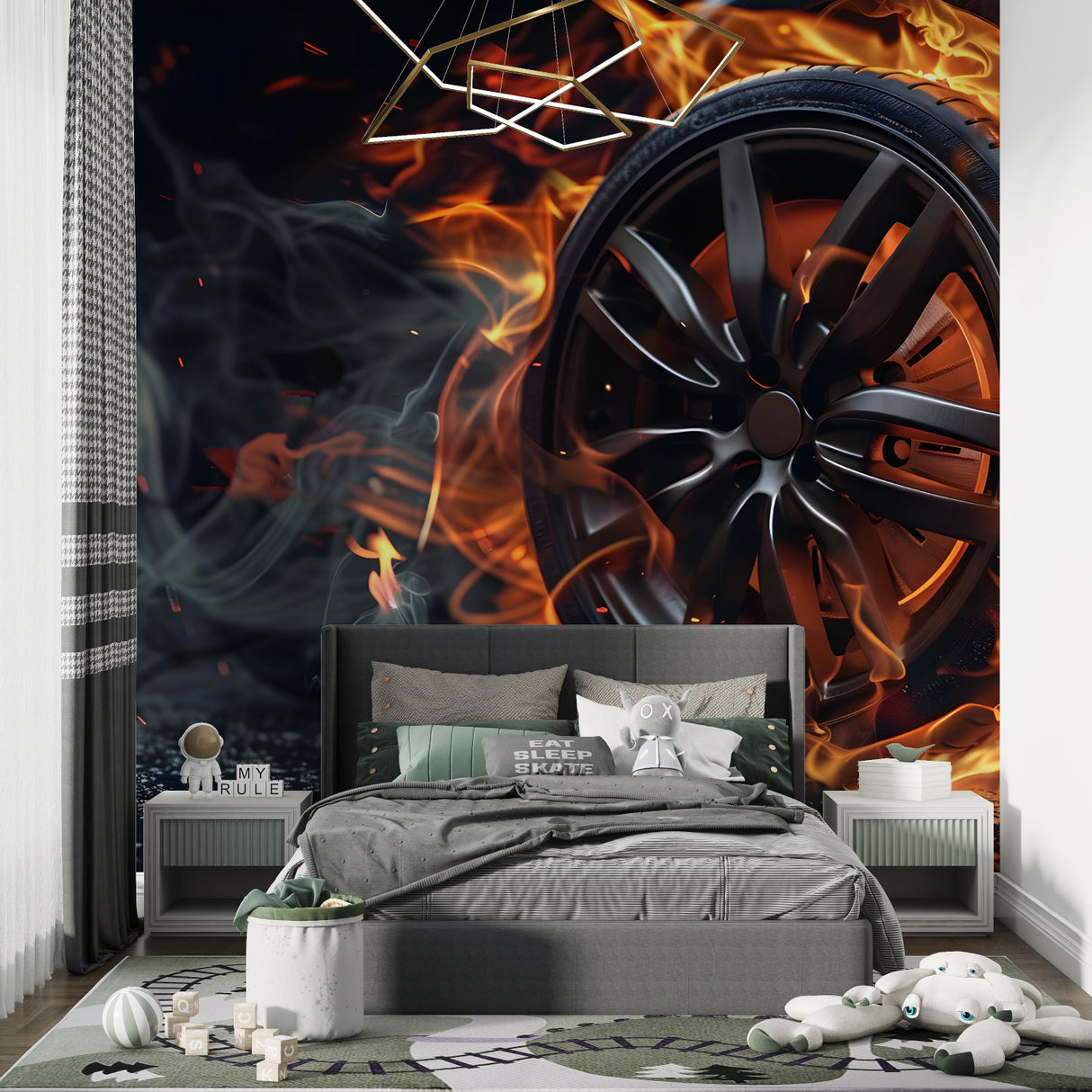 Automotive wallpaper bringing energy to a garage conversion space