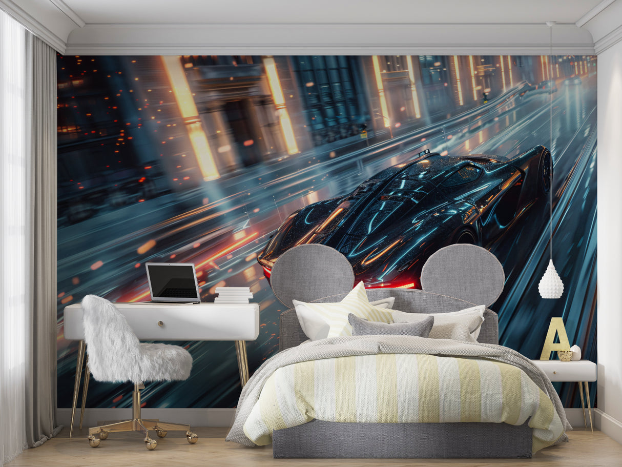 Sports car wallpaper in modern teen bedroom, blue LED lighting enhances night racing scene