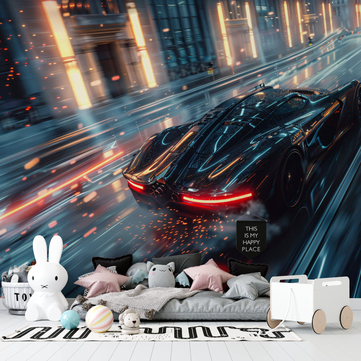 Racing car mural in gaming room with ambient lighting