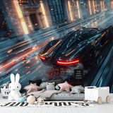 Racing car mural in gaming room with ambient lighting