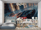 Sports car wall mural in contemporary living room setting