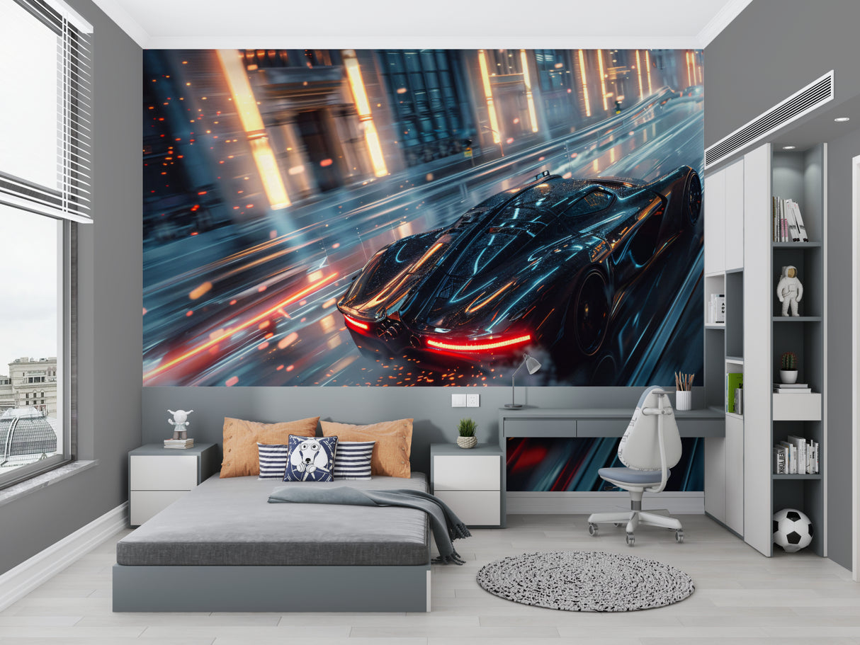Night racing scene wallpaper in home office space