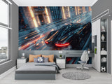 Night racing scene wallpaper in home office space