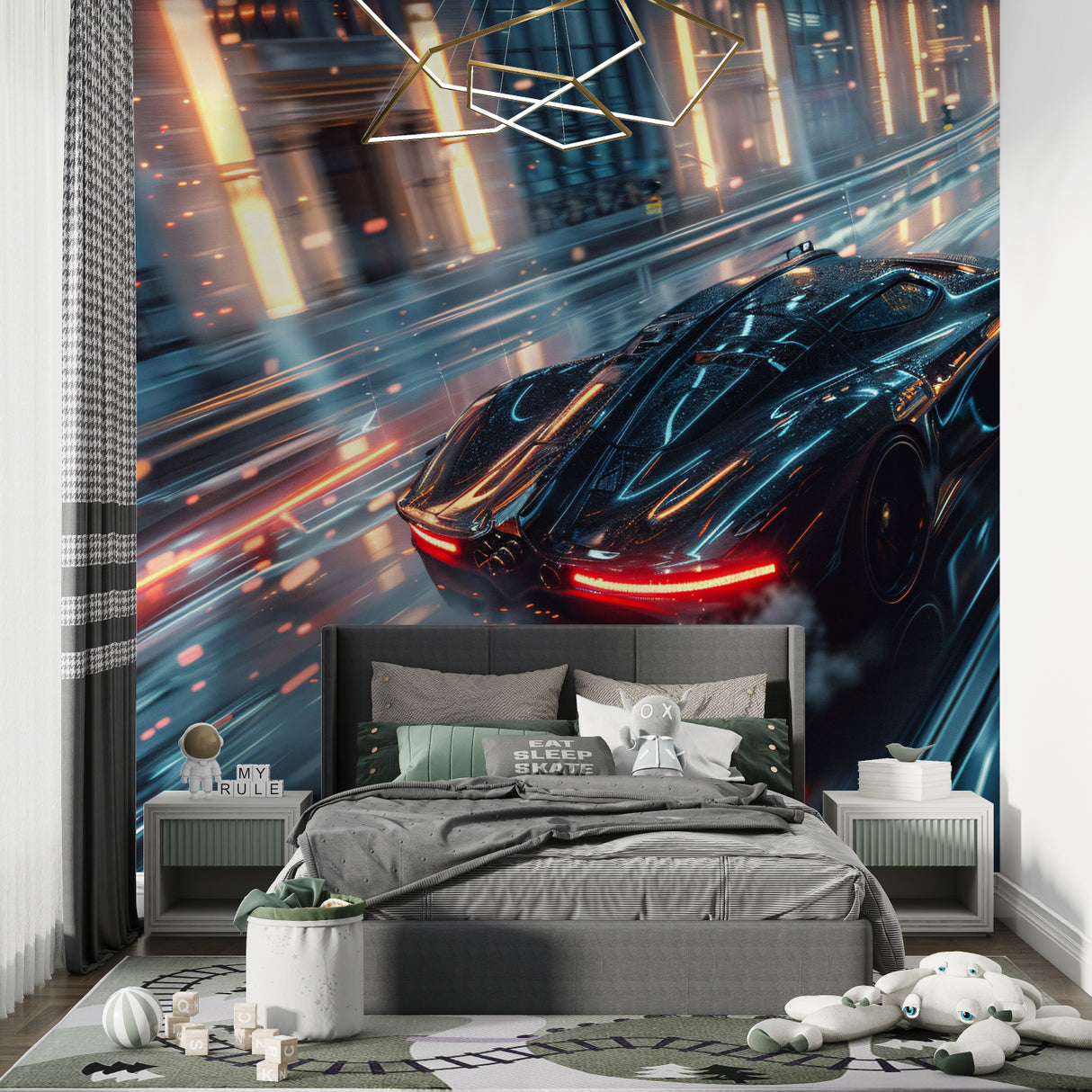 Car mural creating focal point in modern entertainment room