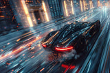 Design file showing detailed sports car racing through city at night