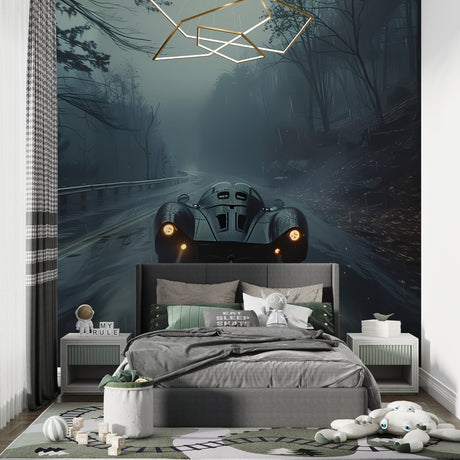 Sports car wallpaper mural in modern teen bedroom, night scene creating moody atmosphere