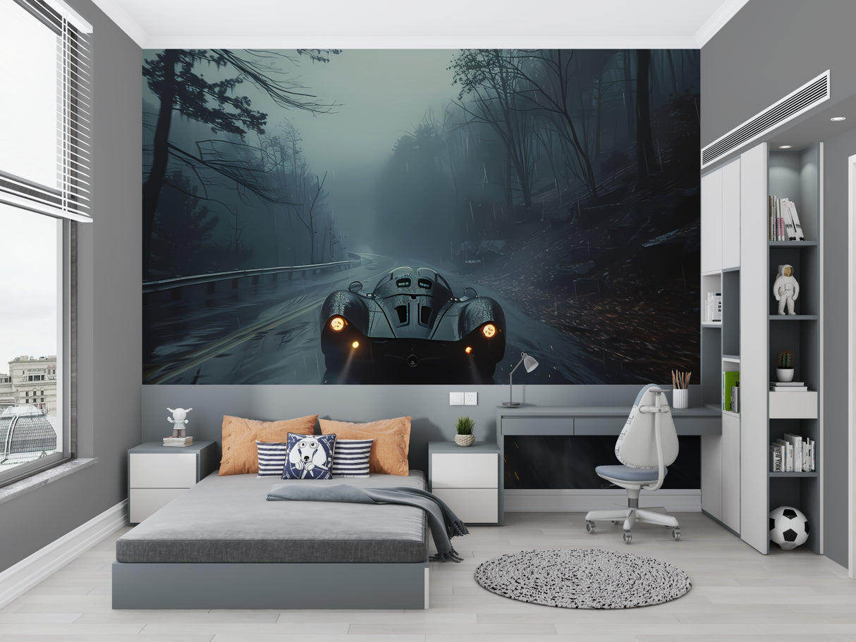Night forest car scene wallpaper in man cave with ambient lighting