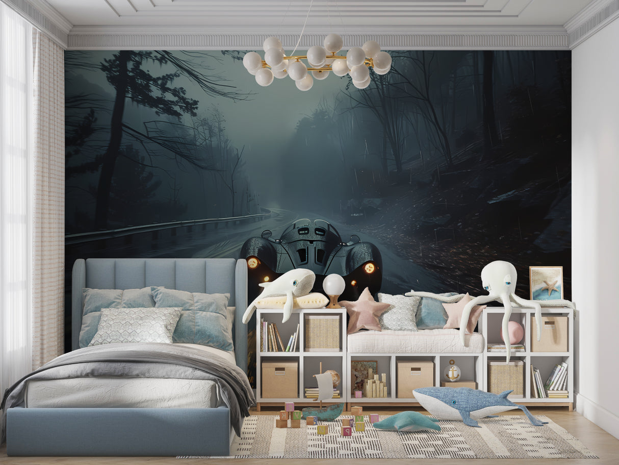 Car wallpaper design in modern living room showing scale and impact