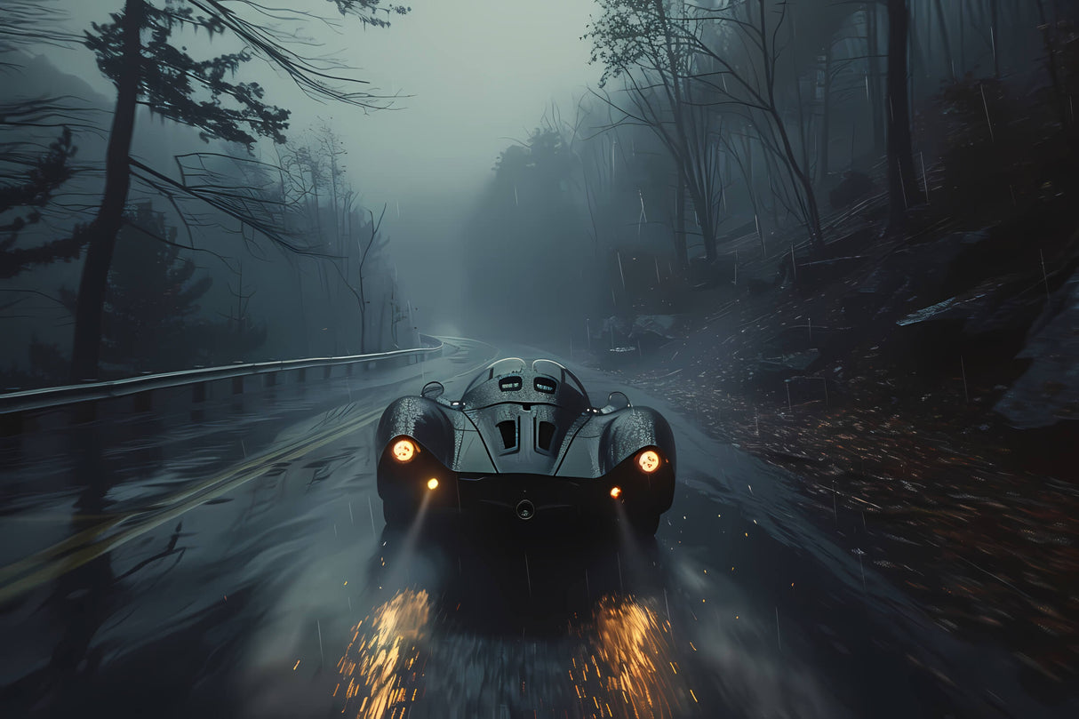 Sports car in misty forest design file showing detailed pattern and full wall coverage