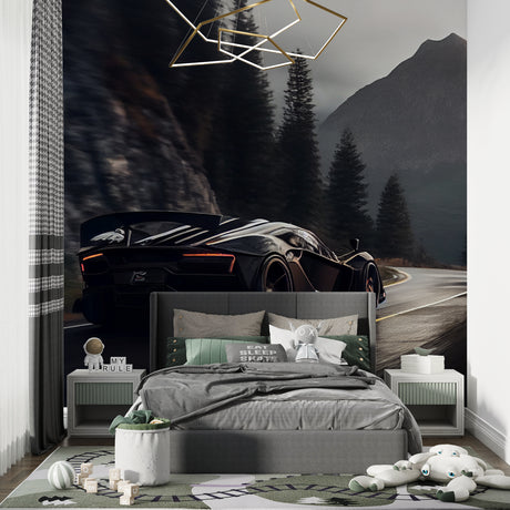 Sports car wallpaper displayed in modern living room with grey sofa and ambient lighting