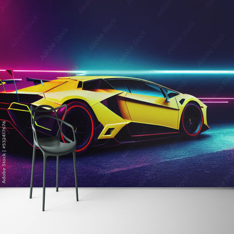 Yellow Lamborghini sports car wallpaper styled in modern gaming room with neon lighting effects
