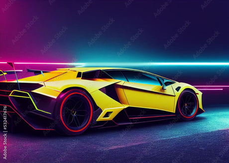 Sports car wallpaper design file showing detailed Lamborghini against neon backdrop