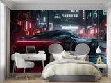 Sports car wallpaper in modern teen bedroom showing sleek design with neon city lights