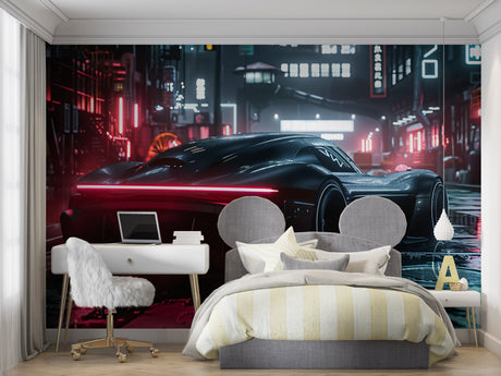 Sports car wallpaper in modern teen bedroom showing sleek design with neon city lights