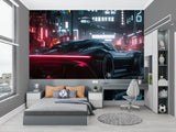 Night city car mural creating atmosphere in stylish gaming room
