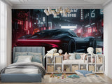Urban sports car wallpaper transforming man cave with city lights