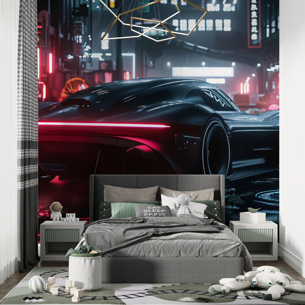 Sports car wall mural adding luxury feel to modern living room