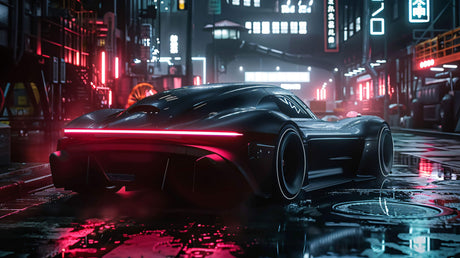 Sports car night city design file showing detailed neon lights and urban atmosphere