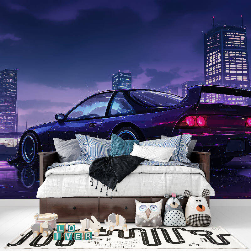 Sports car wallpaper in modern living room with purple city night scene creating dramatic atmosphere