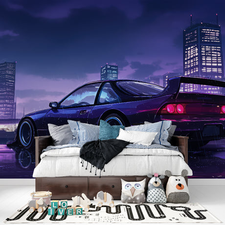 Sports car wallpaper in modern living room with purple city night scene creating dramatic atmosphere