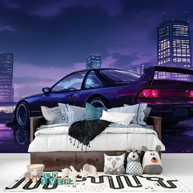 Sports car wallpaper in modern living room with purple city night scene creating dramatic atmosphere