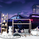 Teen bedroom with sports car wall mural showing night city lights and purple sky