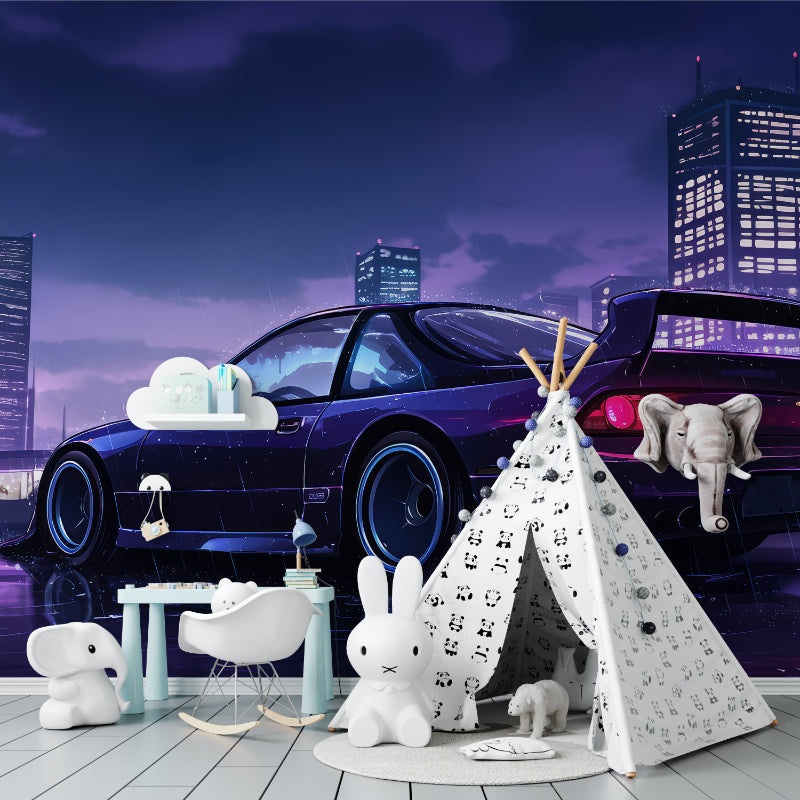 Man cave decorated with sports car mural against purple night city backdrop