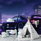 Man cave decorated with sports car mural against purple night city backdrop
